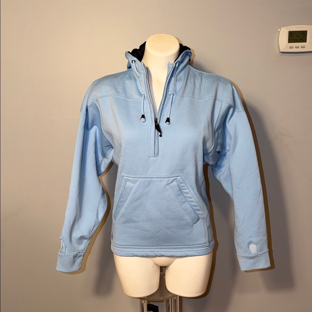 Volcom ladies Pale Blue 1/4 zip Drawstring Hoodie. Small. Front pocket.